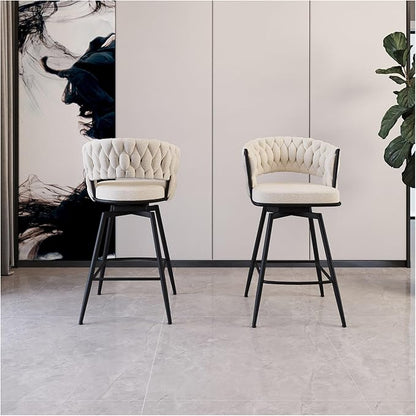 26" Linen Woven Bar Stool Set of 2,Black Legs Barstools No Adjustable Kitchen Island Chairs,360 Swivel and Counter Stool Arm Chairs with Back Footrest (White)