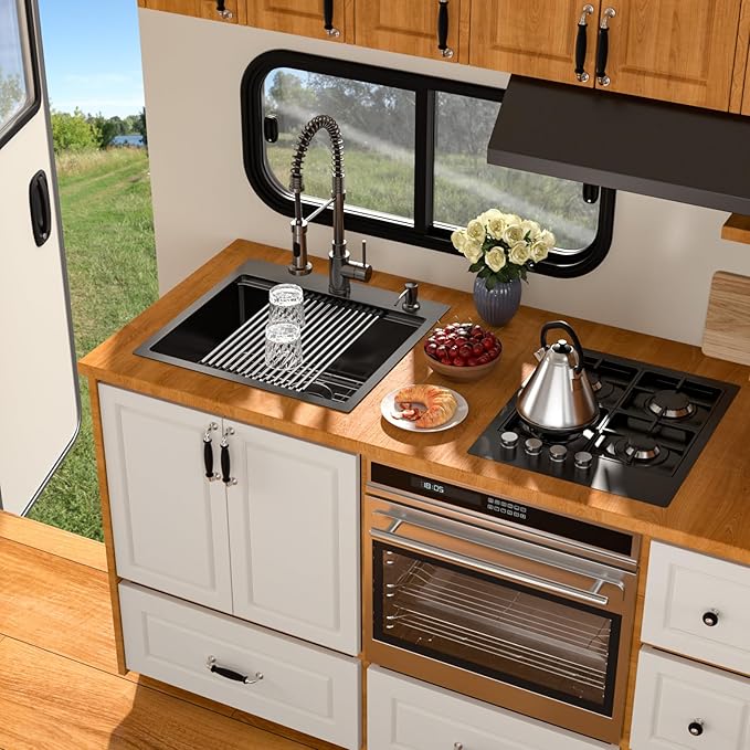 21 Inch Drop In RV Bar Sink - Beslend 21x20 Gunmetal Black Topmount Sink for RV Camper, Black Stainless Steel Wet Bar Workstation with Cutting Board, Roll-up Rack, Drain Assembly & Rinse Grid