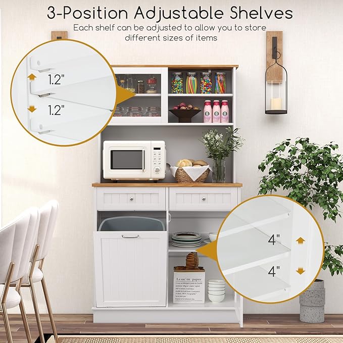 Giantex 68” Tall Kitchen Pantry, Buffet Hutch w/Tilt Out Trash Can Storage Cabinet, 2 Drawer, Shelves, Rubber Wood Microwave Countertop, Wood Sideboard Cupboard for Home Coffee Bar (White & Natural)