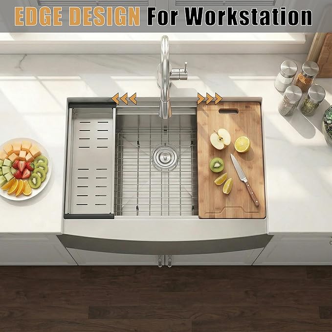 KINGO HOME 33 Inch 18 Gauge Handmade Stainless Steel Single Bowl Farmhouse Sink, Modern Farm Sink 33 Inch Apron Farmer Sinks for Kitchen Rustic With Accessories