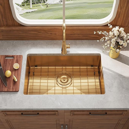 Kitsitchen Gold Kitchen Sink,SUS304 Stainless Steel RV Undermount Kitchen Sink with Strainers & Bottom Gird, 23" x 16" x 7" Single Bowl Kitchen Sinks,7 inch Depth for RV, Outdoor,Bathroom,Camper