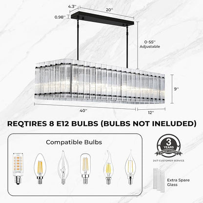 IKK Modern Rectangle Black Chandeliers for Dining Room, 40" Ribbed Glass Island Light Fixture, Linear Farmhouse Lighting with Adjustable Height for Kitchen Island, Living Room