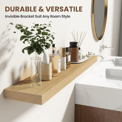Acovy 16 Inch Floating Shelves for Wall 2 Pack, 16" Wall Shelves for Books, Storage, Decor, Wall Mounted Floating Shelf with Invisible Brackets for Kitchen, Living Room, Oak