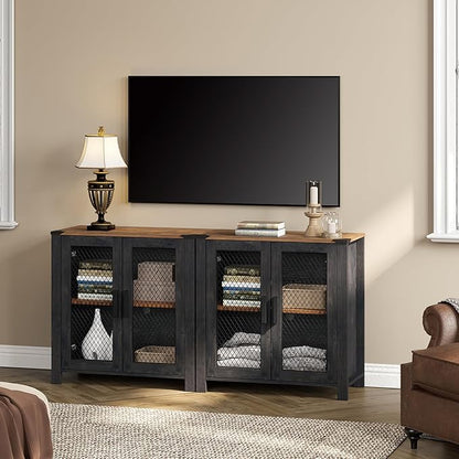 WAMAPT Sideboard Buffet Cabinets with 4-Mesh Door, Kitchen Storage Cabinets with Adjustable Shelf, Wood Coffee Bar Accent Storage Table Cabinet for Dining, Living and Bed Room，Dark Walnut and Black