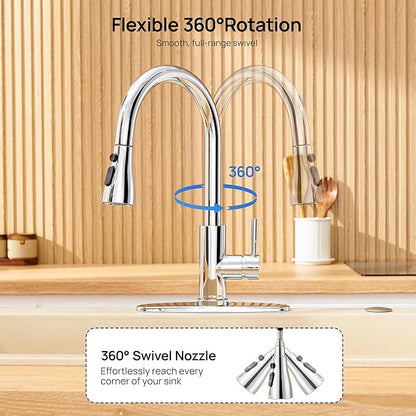 GAGALIFE Chrome Kitchen Faucets with Pull Down Sprayer - High Pressure Blade Spray Kitchen Sink Faucet, High Arc Single Handle Stainless Steel Classic Pull Out Spray Kitchen Faucet 1 or 3 Hole
