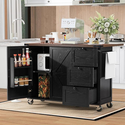 Merax 54.5" Upgraded Kitchen Cart Island on Wheels with Power Outlet,Drop Leaf and 3 Side Drawers,Farmhouse Wood Frame Storage Cabinet