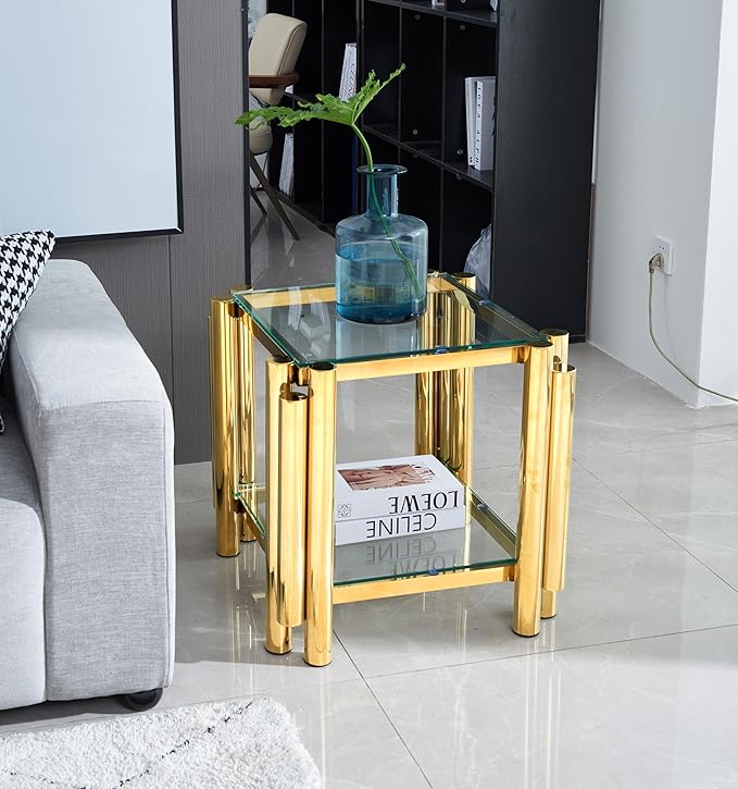 20" Square End Table, Modern Stainless Steel End Table, Double-Layer Clear Tempered Glass with Storage, for Living Room Home Office, Gold