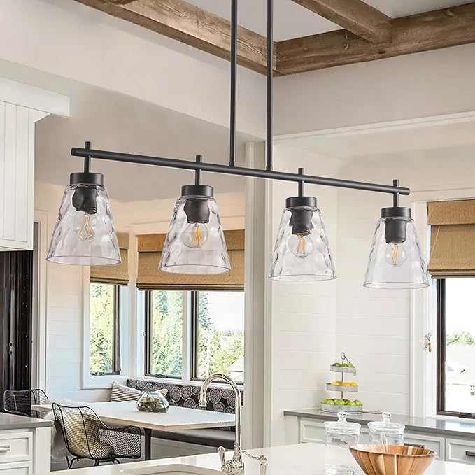 4-Light Kitchen Island Lighting, Modern 30.9 inch Black Island Chandelier with Glass Shade, Industrial Linear Pendant Lighting Over Table, Pendant Light Fixture for Dining Room