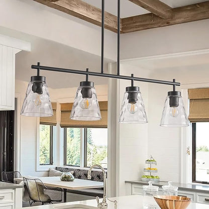 4-Light Kitchen Island Lighting, Modern 30.9 inch Black Island Chandelier with Glass Shade, Industrial Linear Pendant Lighting Over Table, Pendant Light Fixture for Dining Room