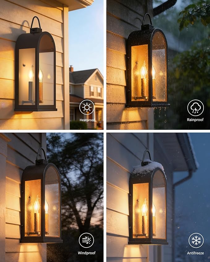 Outdoor Wall Light Fixtures, 2 Light Porch Lights Outdoor, Matte Black Exterior Waterproof Wall Sconce with Glass Shade, Outside Lantern for House Garage Doorway Patio Entryway, E12 Socket