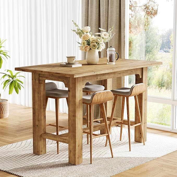 63-Inch Counter Height Dining Table, Solid Wood bar Height Kitchen Table for Dining Room, Rectangular Home Bar Furniture with Natural Grain, Brown