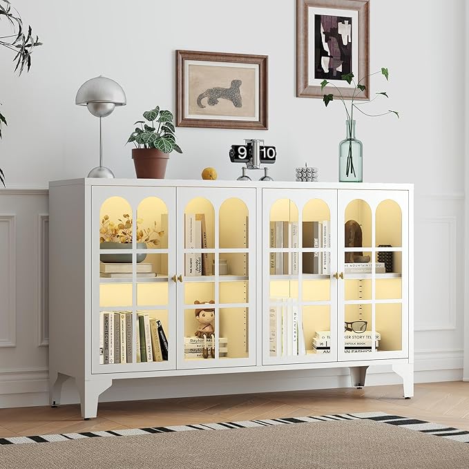 Foreate Sideboard Buffet Cabinet with Glass Door & LED Light, 53.2" Large Buffet Cabinet with Storage & Adjustable Shelf, Farmhouse Sideboard Credenzas Metal Kitchen Buffet, White
