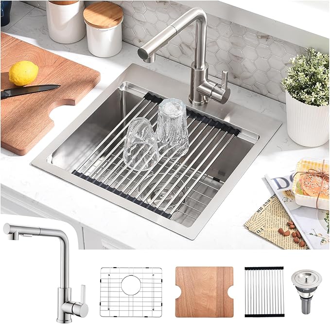21x20 Drop In Bar Sink with Faucet - 21 Inch Small Stainless Steel Bar Sink Drop In and Faucet Combo, 9 Inch Deep Workstation Single Bowl Kitchen Sink with Accessories