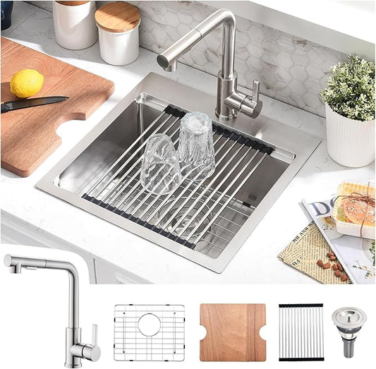 21x20 Drop In Bar Sink with Faucet - 21 Inch Small Stainless Steel Bar Sink Drop In and Faucet Combo, 9 Inch Deep Workstation Single Bowl Kitchen Sink with Accessories