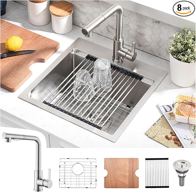 15x17 Drop In Bar Sink with Faucet - 15 Inch Stainless Steel Drop In Kitchen Sink and Faucet Combo Set, 9 Inch Deep Small Kitchen Bar Sinks Workstation with Accessories