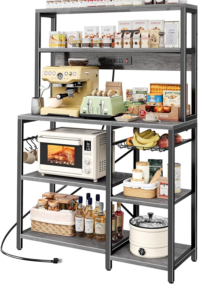 SUPERJARE Bakers Rack with Power Outlet, 35.4 Inches Coffee Bar with Wire Basket, Kitchen Microwave Stand with 6 S-Shaped Hooks, Open Storage Shelves, Charcoal Gray