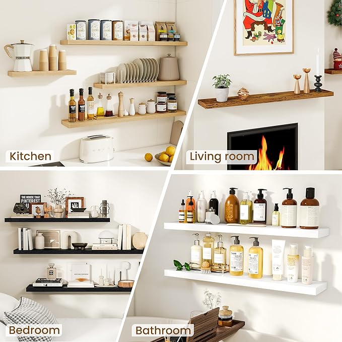 Dreamland Floating Shelves, 20Inch Rustic Wooden Black Wall Shelves for Bathroom|Bedroom|Kitchen, Deep Wall Mounted Book Shelf, Wood Storage Display Shelf for Home Decor, Set of 2