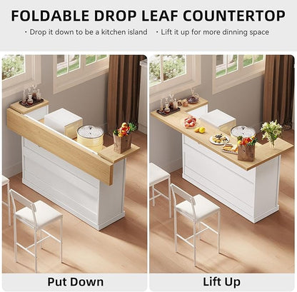 Kitchen Island with Seating, Rolling Kitchen Islands with Storage, 55" W Large Island Table, Breakfast Bar Counter with Drop Leaf, Trash Can Cabinet, Power Outlet for Dining Room, White