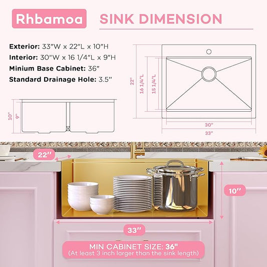 Rhbamoa 33 Inch Gold Farmhouse Sink,16 Gauge T304 Gold Single Bowl Apron Front Kitchen Farm Sink,10 Inch Depth Topmount Farmhouse Kitchen Sinks with All Golden Accessories