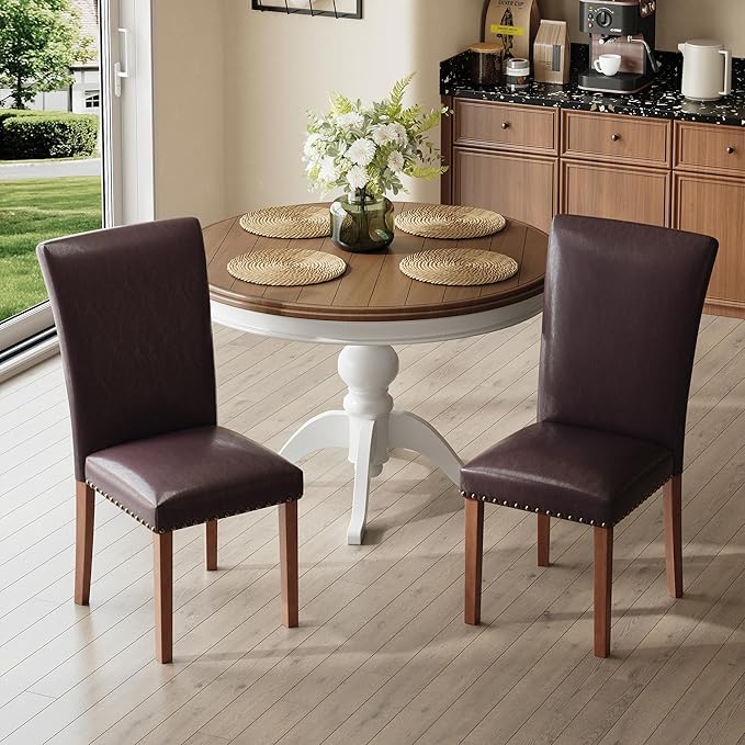 COLAMY Upholstered Parsons Dining Chairs Set of 4, PU Leather Dining Room Kitchen Side Chair with Nailhead Trim and Wood Legs - Dark Brown