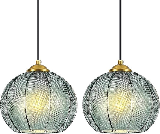 Mikeru 2-Pack Mint Glass Pendant Lights Kitchen Island Lighting Single Globe Pendant Light Fixtures Century Modern Kitchen Island Pendant Lighting for Bedroom Living Dining Room Light (Without Bulbs)