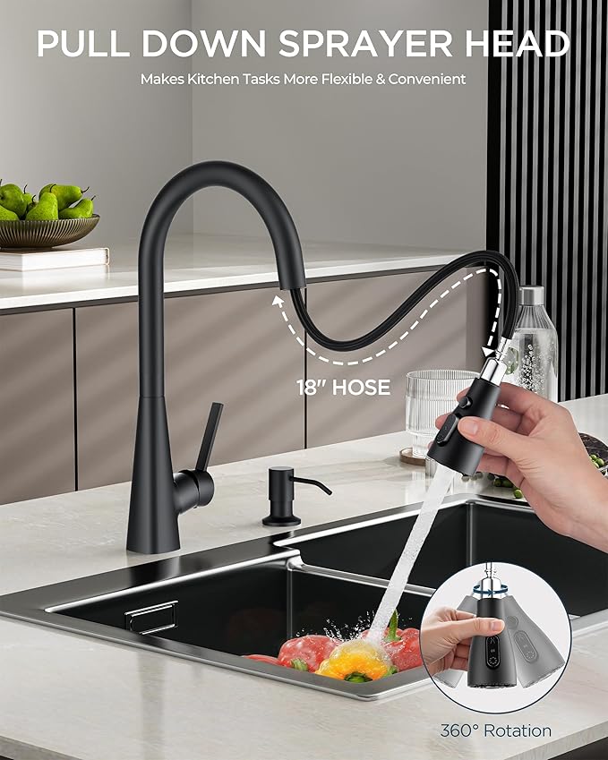 FORIOUS Black Kitchen Faucet with Pull Down Sprayer, Classic High Arc Stainless Steel Faucet for Kitchen Sink, Single Handle for 1 or 3 Hole Decks for RV Bar Farmhouse Laundry Camper