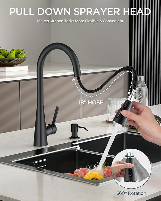 FORIOUS Black Kitchen Faucet with Soap Dispenser, Pull Down Sprayer, Modern High Arc Stainless Steel Faucet for Kitchen Sink, Single Handle for 1 or 3 Hole Decks for RV Bar Farmhouse Laundry Camper