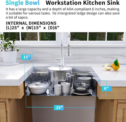 Undermount Kitchen Sink 27 x 18 Inch, 16 Gauge T-304S Stainless Steel Workstation Sinks with Ledge & Accessories, 27" x 18" x 6" ADA-Compliant Kitchen Sink, 6 Inch Deep RV Kitchen Sink