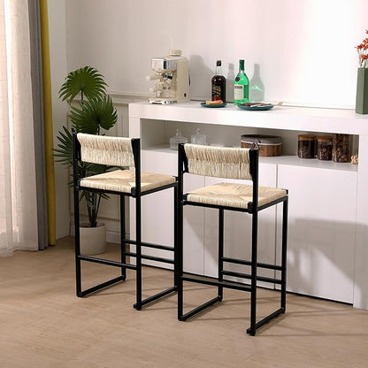 Modern Dining Chairs,Elegant American Design,Offering & Stylish,Hand Woven Paper Rope Bar Stools Set of 2,Solid Wood Frame Counter Height with Metal Legs for Island,Farmhouse Furniture,CreamyWhite-Pap