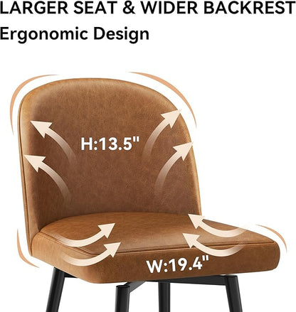 Swivel Bar Stools Set of 2, 26 Inch Faux Leather Counter Height Barstools with Back and Metal Frame, Upholstered Counter Stools for Kitchen Island, Dining Room, Pub, Saddle Brown