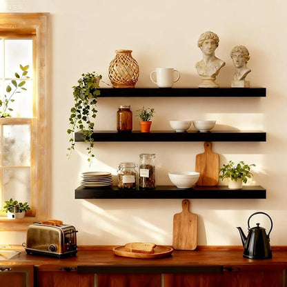 ROGMARS Black Wooden Floating Shelves for Wall 36 Inches Long,Rustic Solid Wood Farmhouse Wall Shelves with Invisible Brackets for Bathroom, Living Room, Bedroom, Kitchen Set of 3