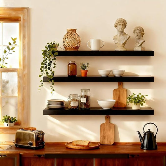 ROGMARS Black Wooden Floating Shelves for Wall 36 Inches Long,Rustic Solid Wood Farmhouse Wall Shelves with Invisible Brackets for Bathroom, Living Room, Bedroom, Kitchen Set of 3