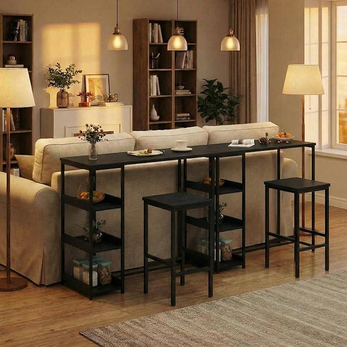 GarveeHome 3-Piece Kitchen Table Set with Storage Shelves & 2 Bar Stools - Iron and Wood Dining Table for Small Spaces, Apartments, Condos, Black