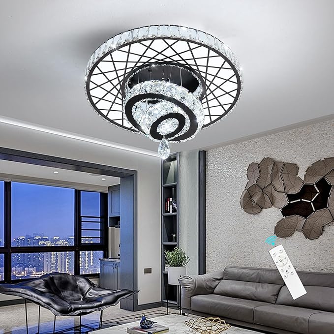 HAIXIANG LED Chandelier Modern Ceiling Dimmable Light Fixture Crystal Chandelier for Bedroom Dining Room Black