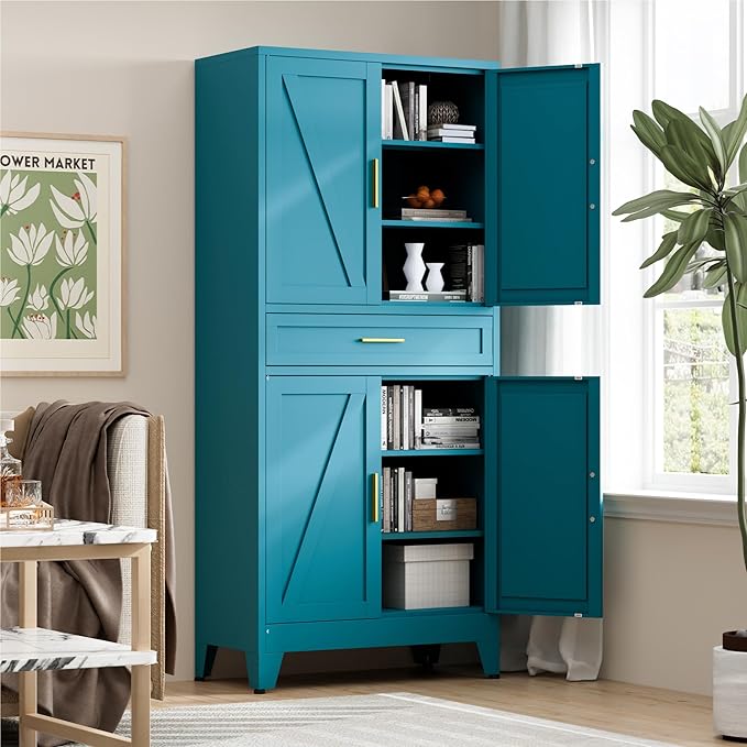 LCAOPC 71" Tall Pantry Storage Cabinet with Drawer and Adjustable Shelves, Freestanding Tall Kitchen Cupboard Storage Cabinet for Kitchen,Dining Room, Living Room, Blue