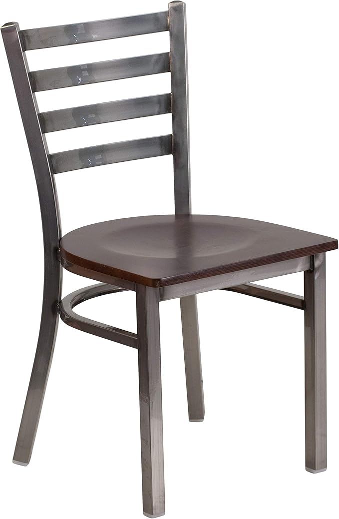 Flash Furniture 2 Pack HERCULES Series Clear Coated Ladder Back Metal Restaurant Chair - Walnut Wood Seat