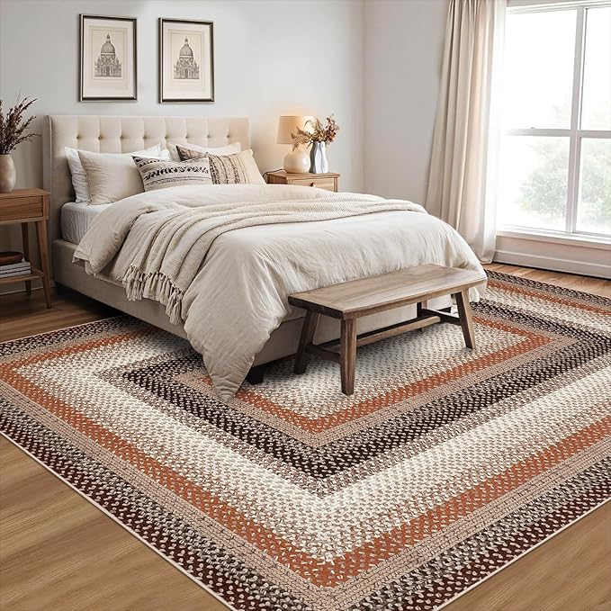 Imitation Braided Collection-Print Living Room Rug 5x7 Area Rugs Washable Bedroom Rug Modern Large Area Rug Non Slip Throw Rugs Farmhouse Soft Low Pile Stain Resistant Carpet for Dining Room