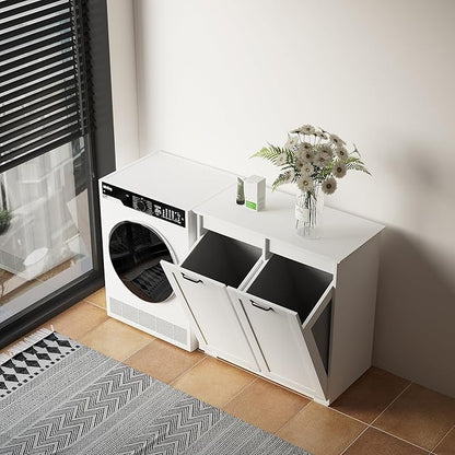KEIKI Double Tilt Out Laundry Hamper Cabinet, with 2 Removable Liner Bags, Double Doors Hidden Hamper w/Metal Handles, Free Standing Wood Laundry Sorter Floor Cabinets for Bathroom,White, (Style A)