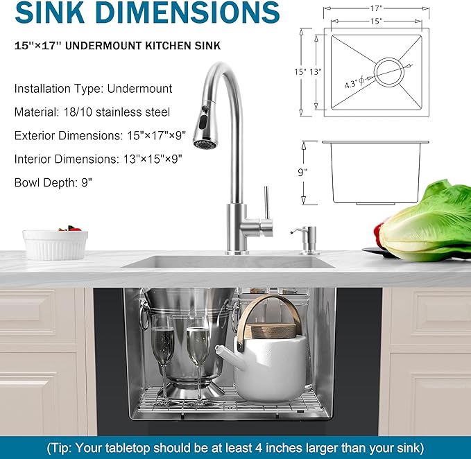 Herogo 15×17 Inch Undermount Kitchen Sink, Small Stainless Steel Deep Single Bowl Utility Sink for Rv Bar Outdoor Farmhouse Laundry Room