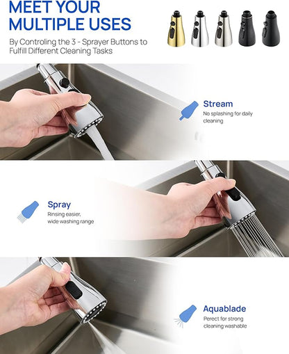 J-HVA Pull Down Kitchen Faucet Sprayer Head Replacement Part, 3 Function kitchen Sink Faucet Replacement Nozzle, Kitchen Faucet Head Hose Spray Tap Spout, Chrome (15 Connectors)