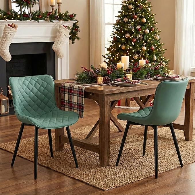 YOUTASTE Light Green Dining Chairs Set of 2 Mid Century Modern PU Leather Diamond Upholstered Accent Guest Dinner Chair with Back Metal Legs for Kitchen Living Reception Waiting Room