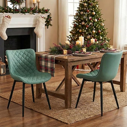 YOUTASTE Light Green Dining Chairs Set of 2 Mid Century Modern PU Leather Diamond Upholstered Accent Guest Dinner Chair with Back Metal Legs for Kitchen Living Reception Waiting Room