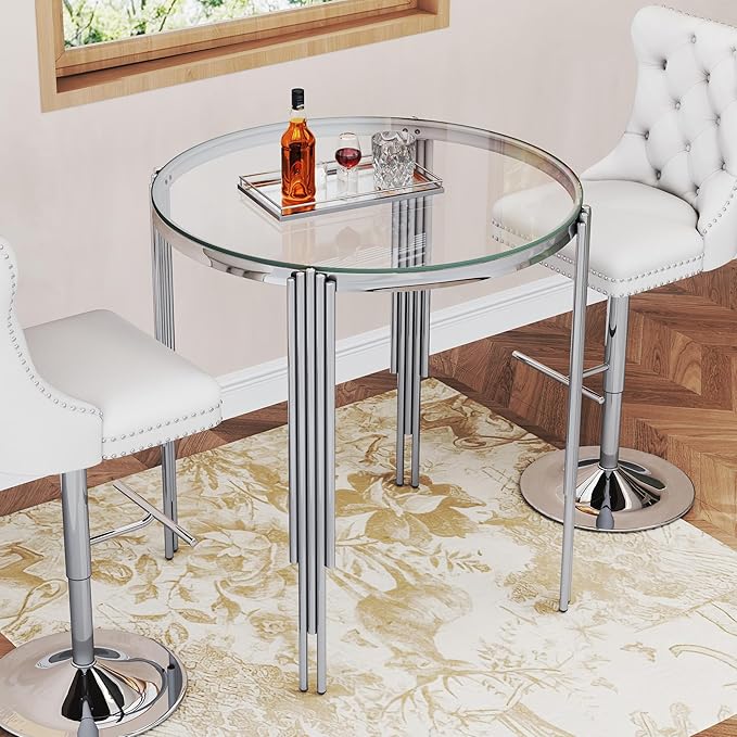 37" Round Bar Table, Modern High Pub Table with Clear Tempered Glass Top and Polished Silver Stainless Steel Legs, Counter Height Table for Kitchens, Apartments, and Small Spaces