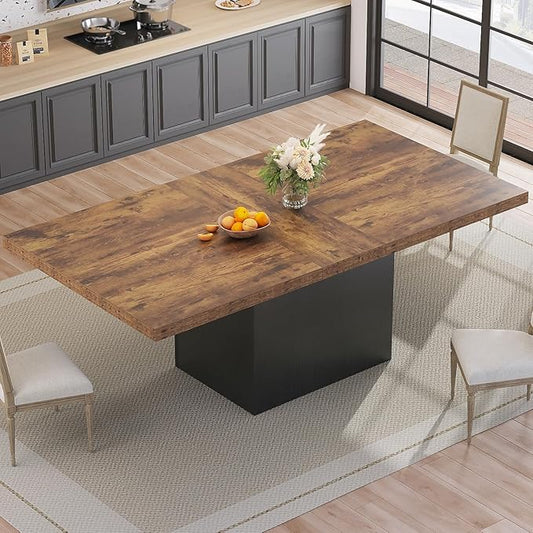 HSH Dining Table for 6 to 8, 71” Wood Rectangular Dinner Table, 6 ft Industrial Kitchen Table only with Black Pedestal, Modern Large Dining Room Table for Home Gathering Office, Rustic Brown, 71 Inch