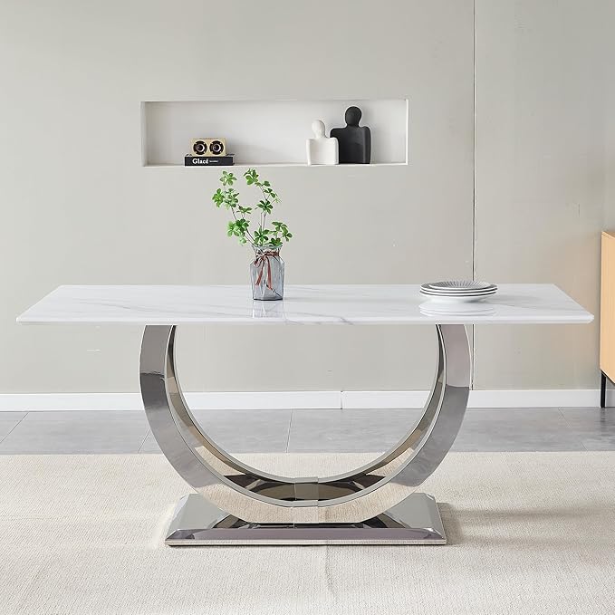 69.3" Luxury Dining Table for 4 6, White Marble Kitchen Dining Room Tables with 0.98" Thick Faux Marble Top & Stainless Steel Pedestal, Modern Silver Rectangular Dinner Table for Kitchen