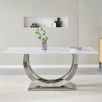 69.3" Luxury Dining Table for 4 6, White Marble Kitchen Dining Room Tables with 0.98" Thick Faux Marble Top & Stainless Steel Pedestal, Modern Silver Rectangular Dinner Table for Kitchen