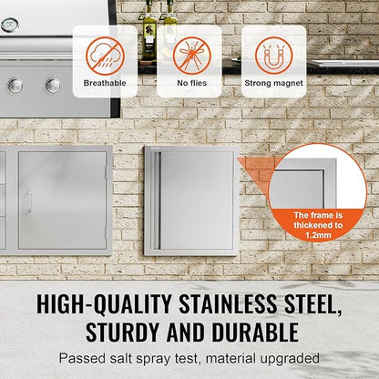 VEVOR Outdoor BBQ Kitchen Door, 18W x 21H Inch Stainless Steel Flush Mount Vertical Door with Recessed Handle, for BBQ Island, Grilling Station, Outside Cabinet
