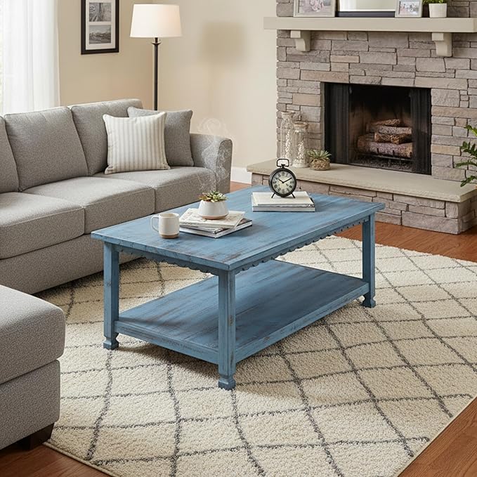Rustic Rectangular Coffee Table, 42 in. W x 24 in. D x 18 in. H, Living Room Blue Antique, W/ (1) 36 in. W x 18 in. D x 10 in. H Shelf, Farmhouse/Cottage Style, Select Hardwood/Construction