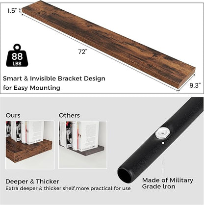 Venusmiles Floating Shelves for Wall, Engineered Wood Wall Shelves with Invisible Brackets for Living Room Bedroom Bathroom Office Kitchen Decor and Storage (Brown, 72" W x 9" D x 1.5" H) Set of 1
