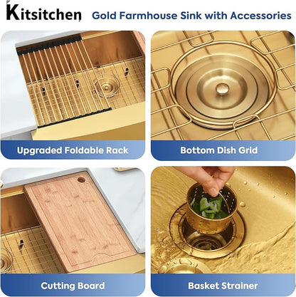 Kitsitchen 33 Inch Gold Farmhouse Sink,16 Gauge Single Bowl Workstation Stainless Steel Rustic Farmhouse Kitchen Sink,Large Apron Front Undermount Farm Kitchen Sinks with Accessories(33"x20"x10")